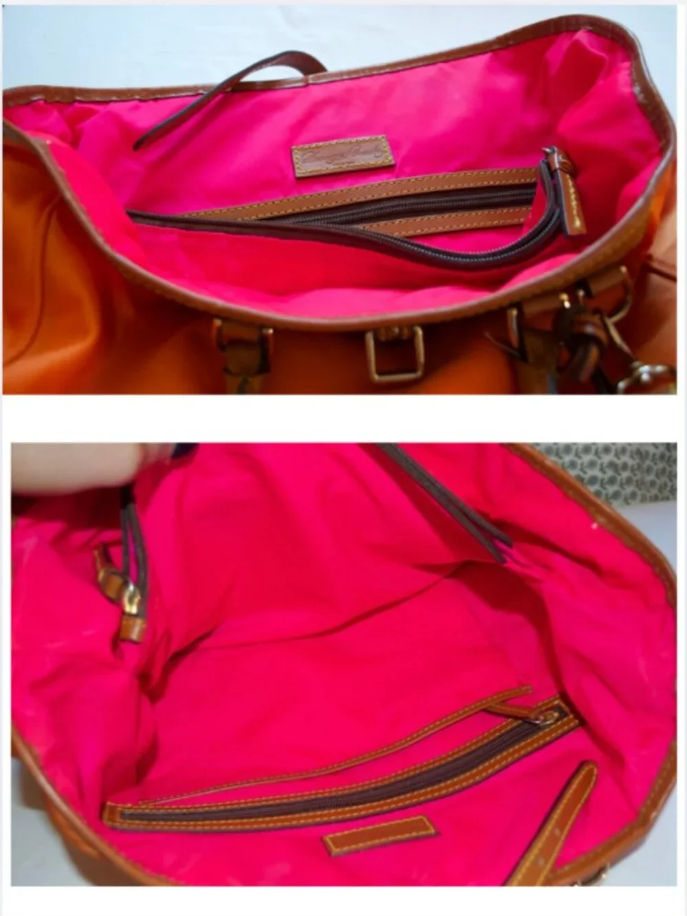 Dooney& Bourke “Nylon Editor’s Tote” in Orange with Leather Trim and Pink Lining